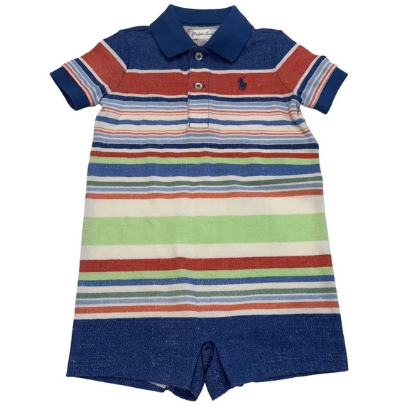 Ralph Lauren Baby Boy Romper Pony Logo Striped Multicolor Sz 6 Mos NWOT - Picture 1 of 10